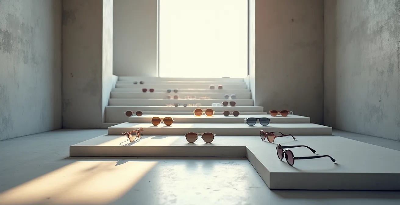 Composition minimaliste montrant différents éléments de design caractéristiques des lunettes haut de gamme