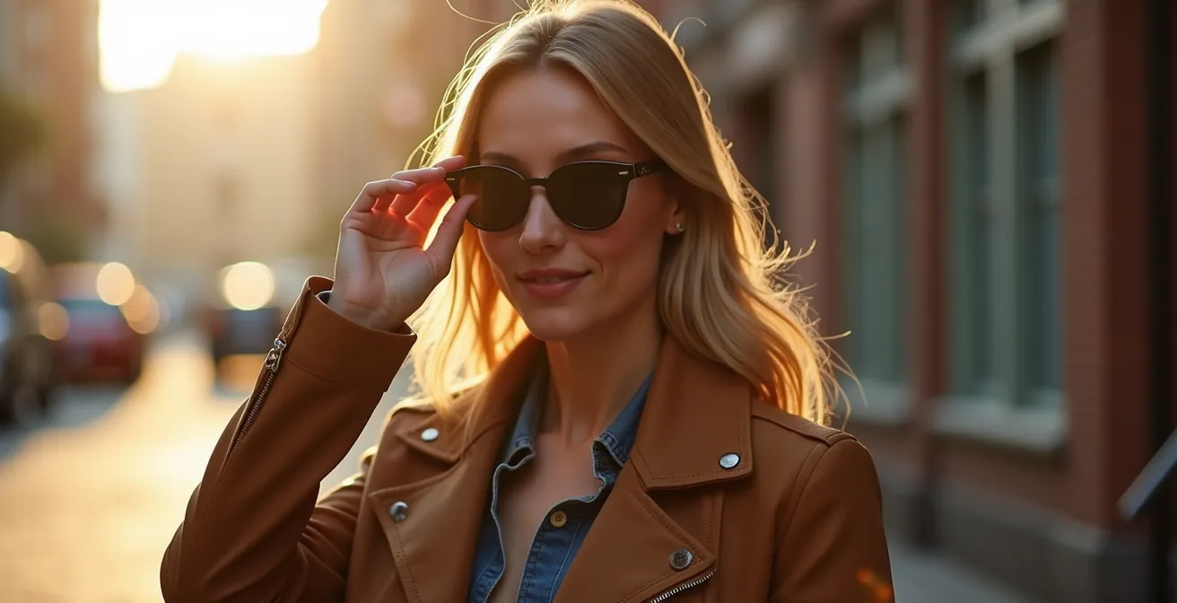 Composition élégante montrant l'harmonie entre vêtements raffinés et lunettes de soleil